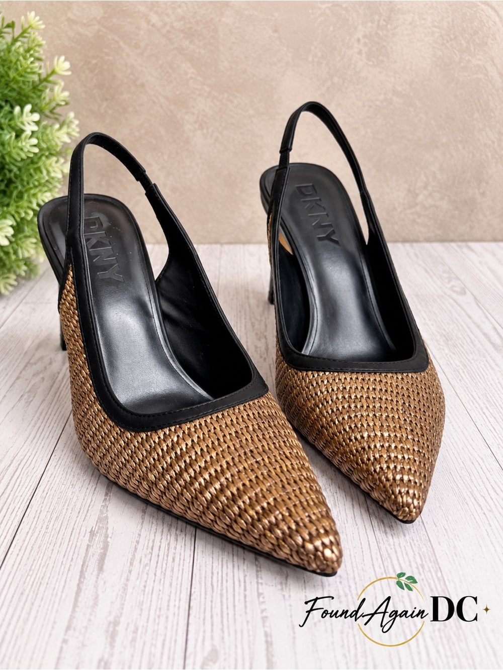 DKNY Brown Woven Pointed-Toe Slingback Pumps with Black Trim